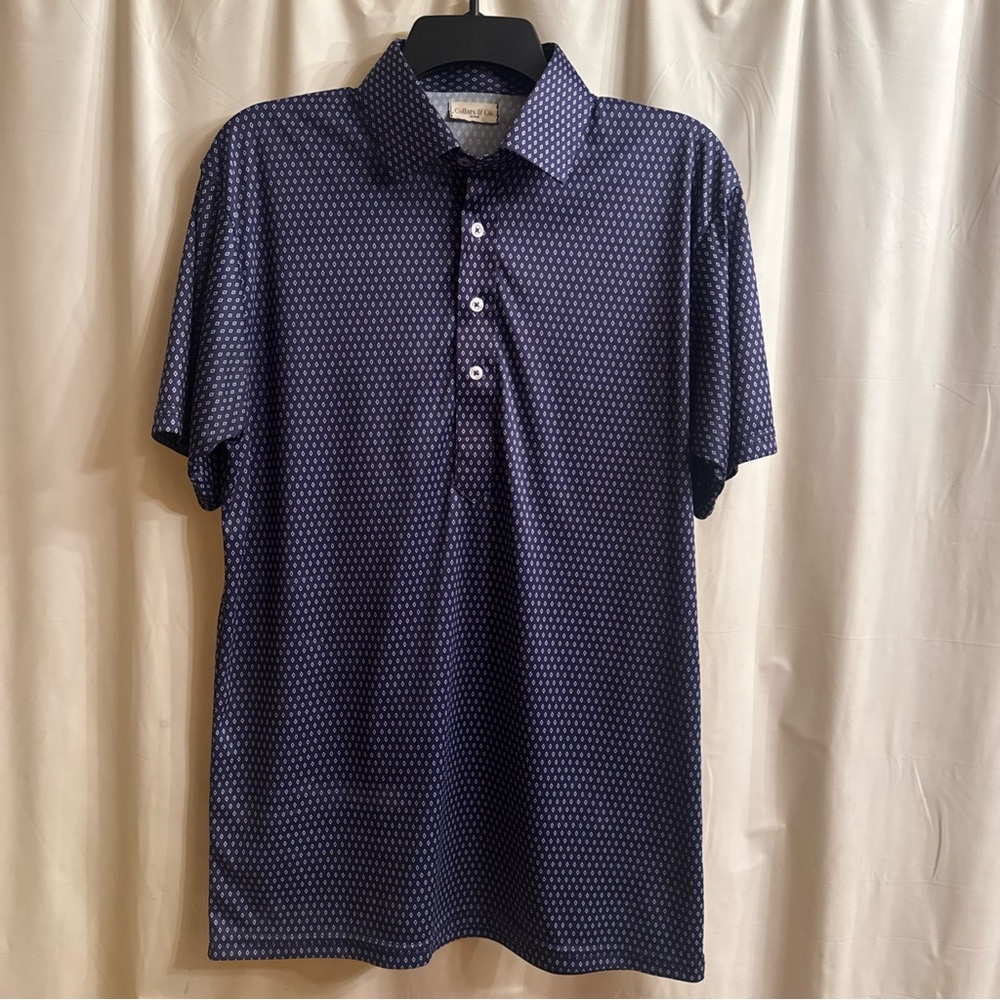 Men's Printed Navy Polo Shirt with Subtle Geo Motif